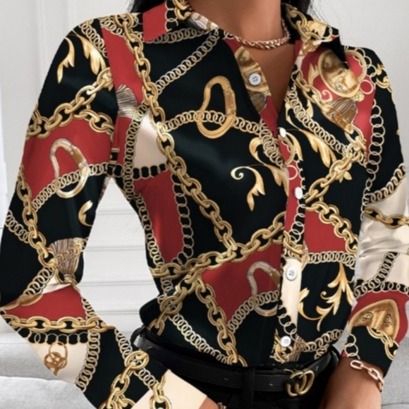 Classy Chain Print Long Sleeve Button Up Blouse - Picture 4 of 4